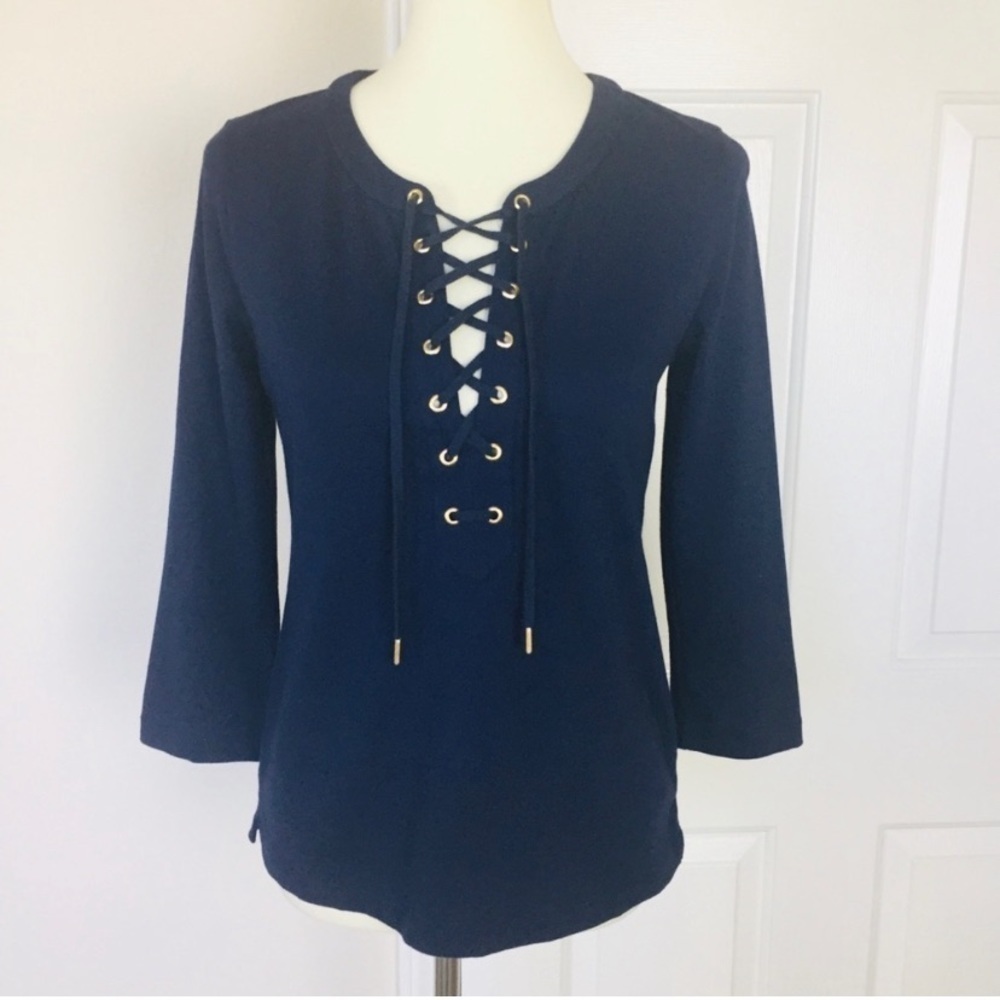 J Crew Top Tie Up Long Sleeves Navy Blue XS Brand